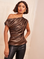 Friends Like These Brown Off The Shoulder Drape Top - Image 1 of 4