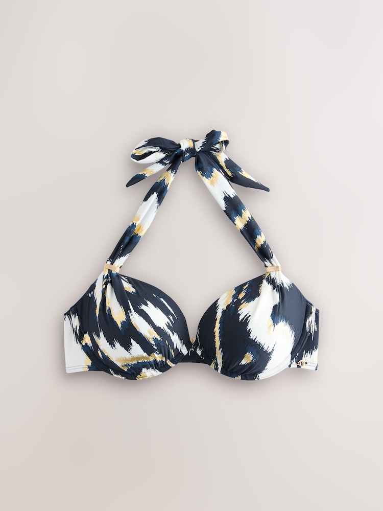 Teal Blue/Gold Foil Ikat Padded Shaping Wired Halter Bikini Top - Image 6 of 8