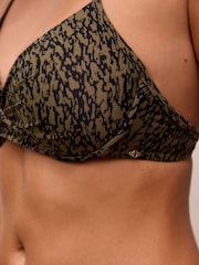 Khaki/Black Print Padded Wired Plunge Bikini Top - Image 6 of 9