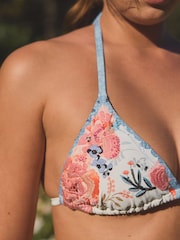 Cream/Blue Floral Embroidered Beaded Triangle Bikini Top - Image 4 of 4