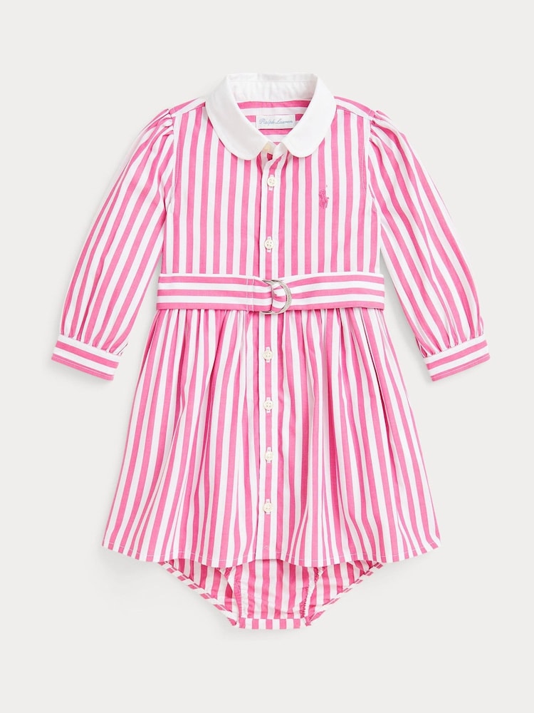 Polo Ralph Lauren Pink/White Baby Girls Striped Bloomer Poplin Shirt Dress - Image 1 of 3