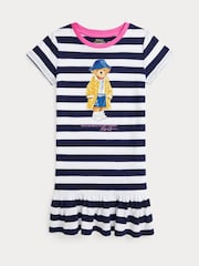 Polo Ralph Lauren Blue/White Striped Polo Bear Print Jersey Dress - Image 1 of 2