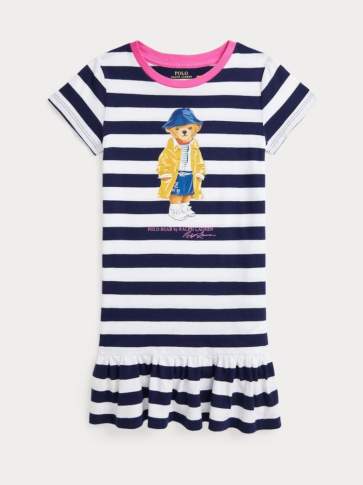 Polo Ralph Lauren Blue/White Striped Polo Bear Print Jersey Dress - Image 1 of 2