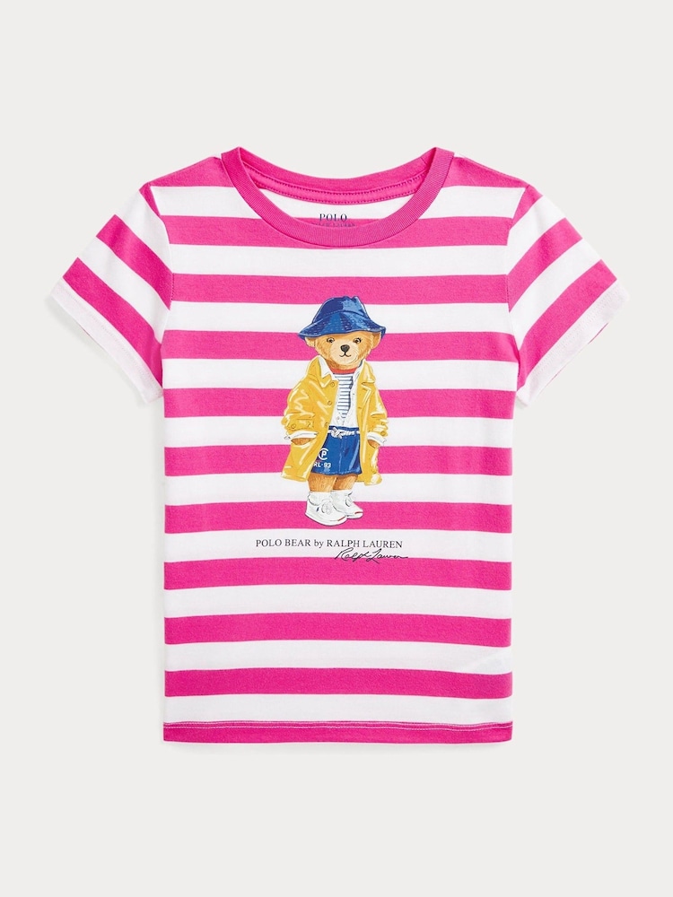 Polo Ralph Lauren Pink/White Girls Striped Polo Bear Jersey T-Shirt - Image 1 of 2
