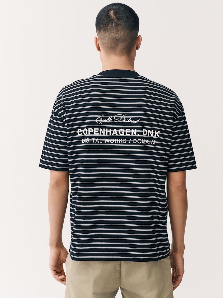 Black Graphic Print Relaxed Fit Stripe Heavyweight 100% Cotton T-Shirt - Image 1 of 8