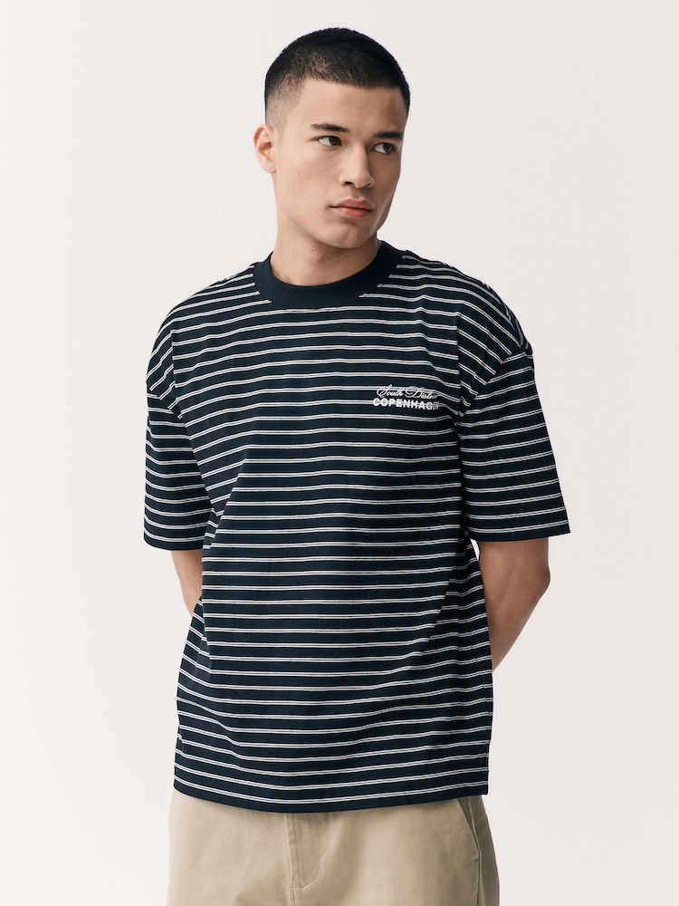 Black Graphic Print Relaxed Fit Stripe Heavyweight 100% Cotton T-Shirt - Image 3 of 8