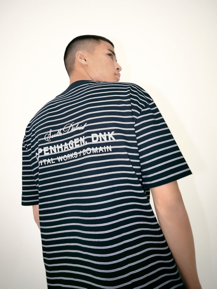 Black Graphic Print Relaxed Fit Stripe Heavyweight 100% Cotton T-Shirt - Image 4 of 8