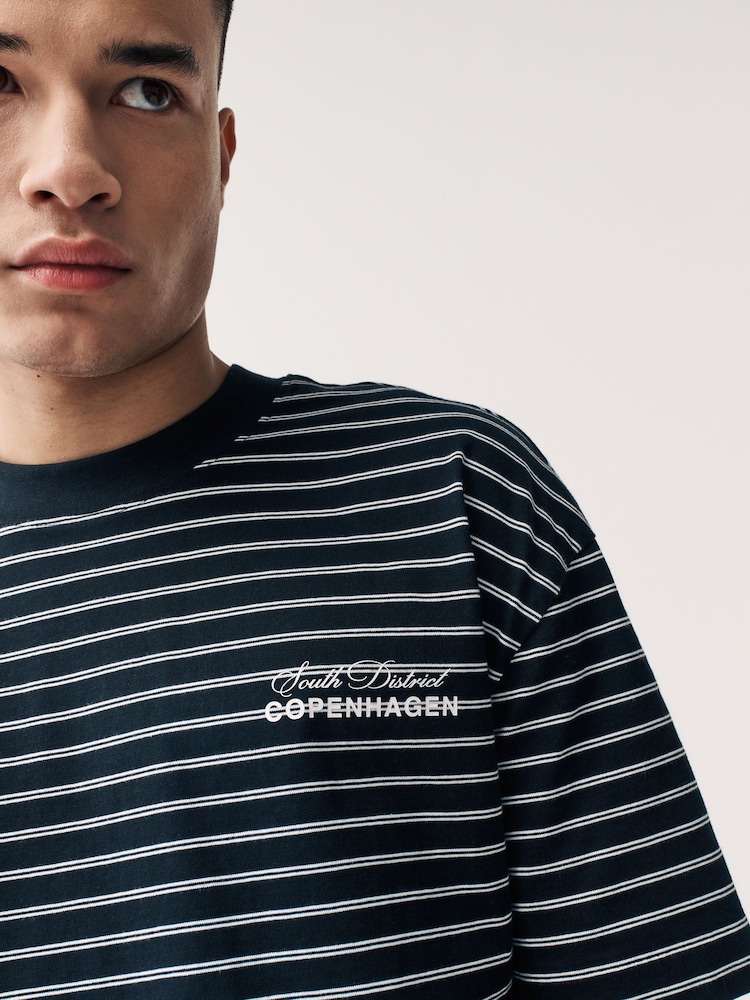 Black Graphic Print Relaxed Fit Stripe Heavyweight 100% Cotton T-Shirt - Image 5 of 8