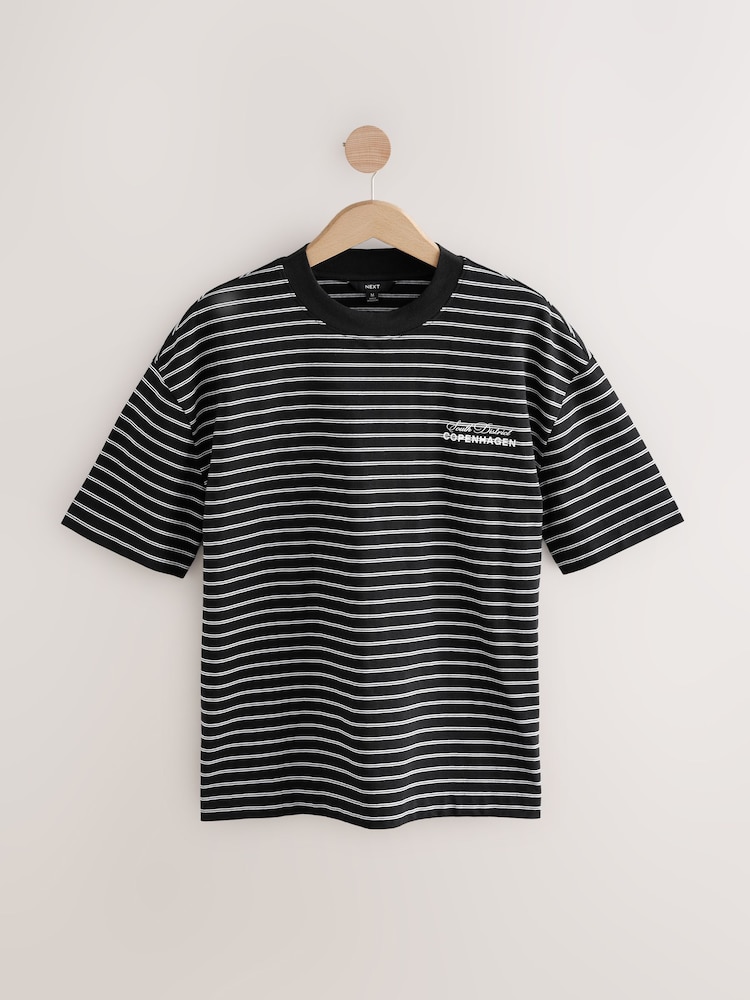 Black Graphic Print Relaxed Fit Stripe Heavyweight 100% Cotton T-Shirt - Image 6 of 8