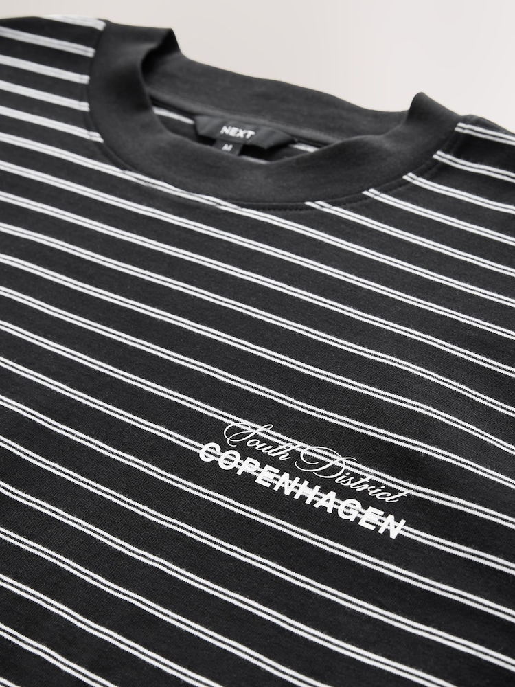 Black Graphic Print Relaxed Fit Stripe Heavyweight 100% Cotton T-Shirt - Image 7 of 8