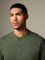 Khaki Green Relaxed Fit Heavyweight Grandad Collar 100% Cotton T-Shirt - Image 1 of 9