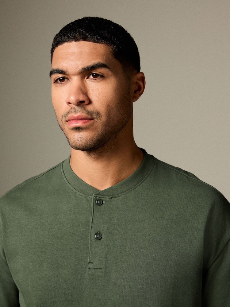 Khaki Green Relaxed Fit Heavyweight Grandad Collar 100% Cotton T-Shirt - Image 1 of 9