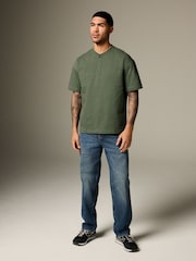 Khaki Green Relaxed Fit Heavyweight Grandad Collar 100% Cotton T-Shirt - Image 2 of 9