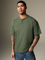 Khaki Green Relaxed Fit Heavyweight Grandad Collar 100% Cotton T-Shirt - Image 3 of 9