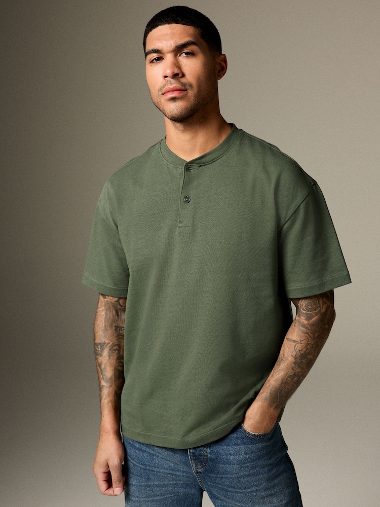 Колір хакі - Relaxed Fit Heavyweight комір-стійка 100% Cotton футболки - Image 3 of 9