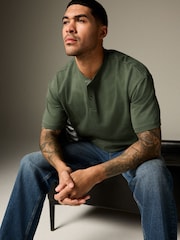 Khaki Green Relaxed Fit Heavyweight Grandad Collar 100% Cotton T-Shirt - Image 4 of 9