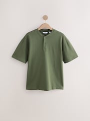 Khaki Green Relaxed Fit Heavyweight Grandad Collar 100% Cotton T-Shirt - Image 7 of 9