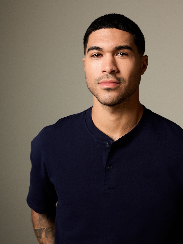 Navy Blue Relaxed Fit Heavyweight Grandad Collar 100% Cotton T-Shirt - Image 1 of 8