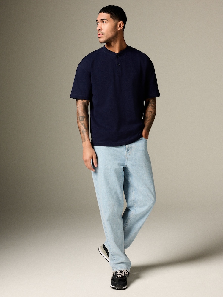 Navy Blue Relaxed Fit Heavyweight Grandad Collar 100% Cotton T-Shirt - Image 2 of 8