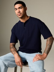 Navy Blue Relaxed Fit Heavyweight Grandad Collar 100% Cotton T-Shirt - Image 3 of 8