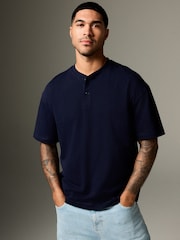 Navy Blue Relaxed Fit Heavyweight Grandad Collar 100% Cotton T-Shirt - Image 5 of 8
