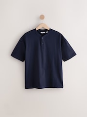 Navy Blue Relaxed Fit Heavyweight Grandad Collar 100% Cotton T-Shirt - Image 6 of 8
