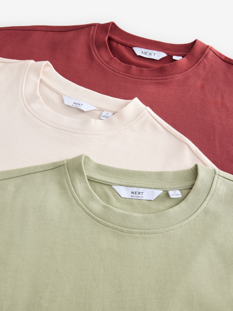 Ecru White/Green/Rust Red Relaxed Fit Heavyweight T-Shirts 3 Pack - Image 11 of 12