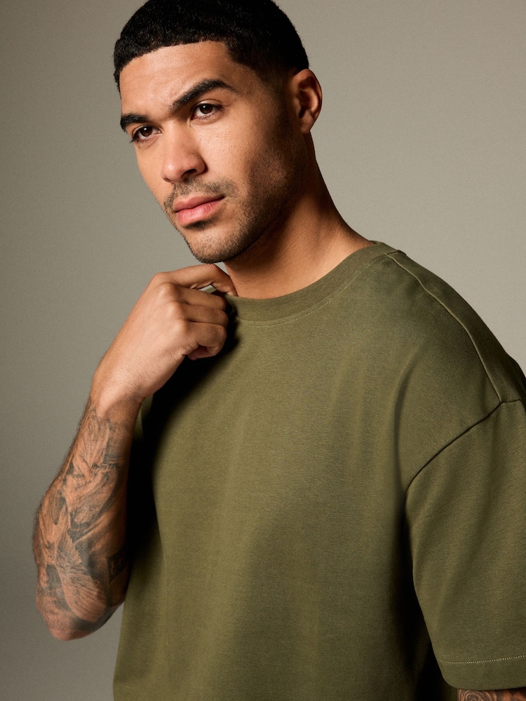 Khaki Green Relaxed Fit Heavyweight T-Shirt - Image 1 of 9