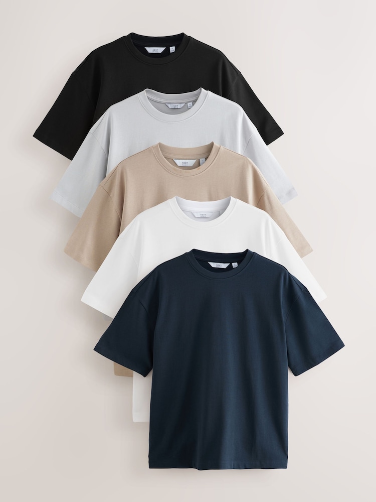 Preto/branco/pedra/azul/cinza - Camisetas pesadas 100% algodão, caimento descontraído, pacote 5 - Imagem 1 de 11