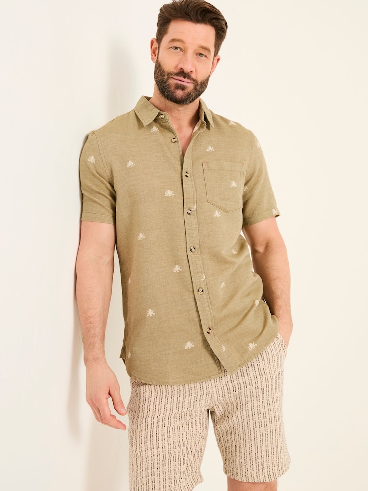 FatFace Khaki Green Short Sleeve Octopus Embroidered Shirt - Image 2 of 10