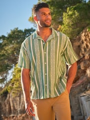 FatFace Green Short Sleeve Relaxed Fit Embroidered Stripe Shirt - Image 1 of 10