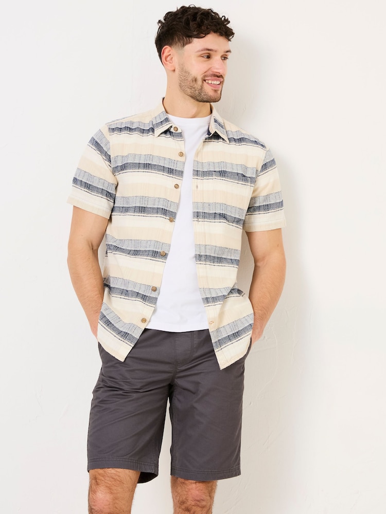 FatFace Milo Navy Short Sleeve textured Stripe 100% Cotton Shirt - Image 2 of 6