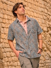 FatFace Teal Blue Short Sleeve Leaf Print Shirt - Image 1 of 9