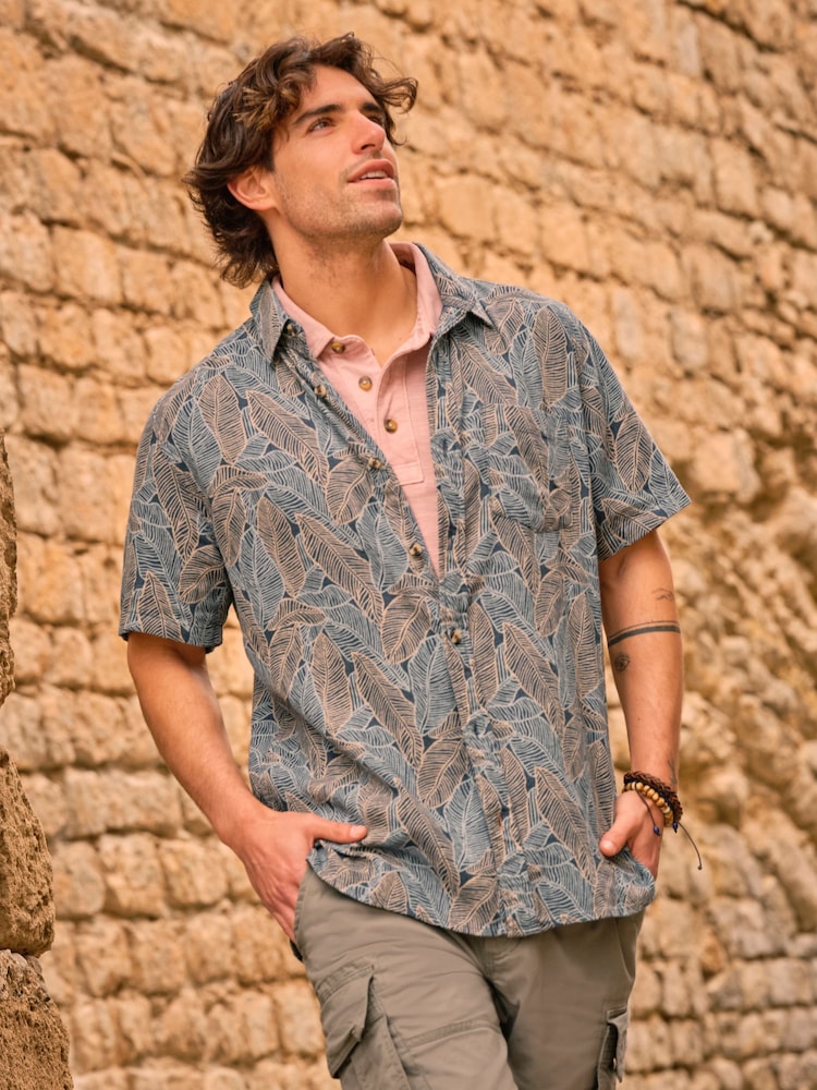 FatFace Teal Blue Short Sleeve Leaf Print Shirt - Image 1 of 9