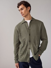 Khaki Green Relaxed Fit 100% Cotton Embroidered Floral Knit Cardigan - Image 1 of 7
