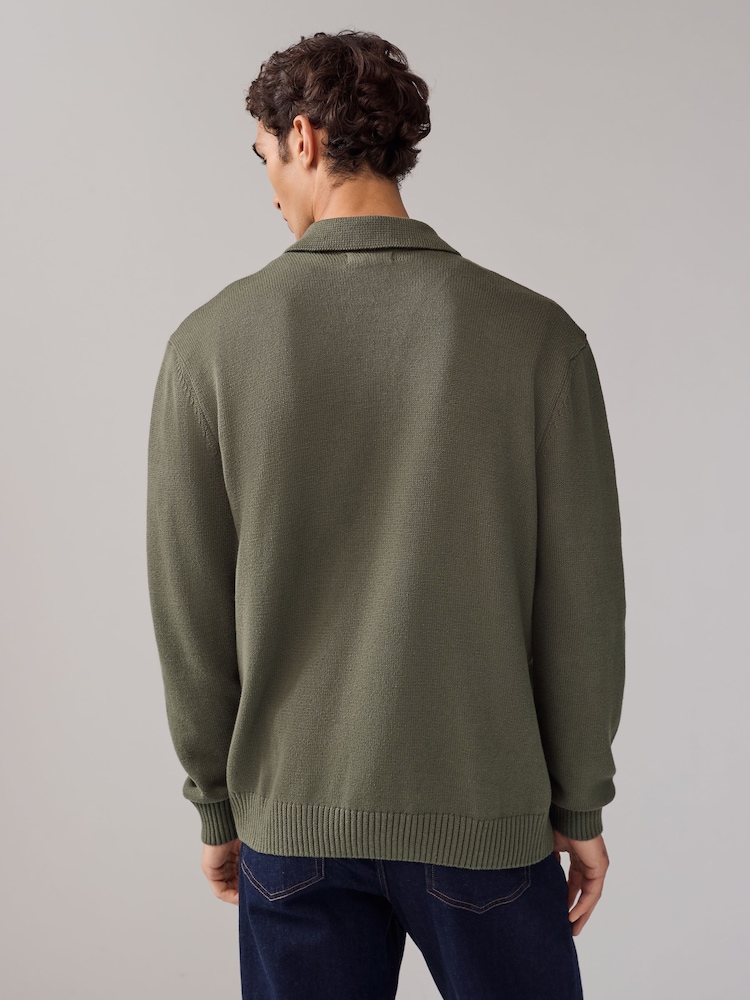 Khaki Green Relaxed Fit 100% Cotton Embroidered Floral Knit Cardigan - Image 2 of 7