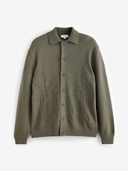 Khaki Green Relaxed Fit 100% Cotton Embroidered Floral Knit Cardigan - Image 3 of 7