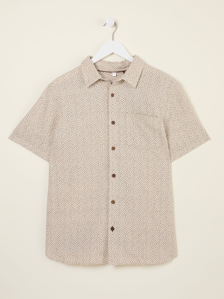 FatFace Natural Short Sleeve Diamond Tile Print Shirt - Image 5 of 6