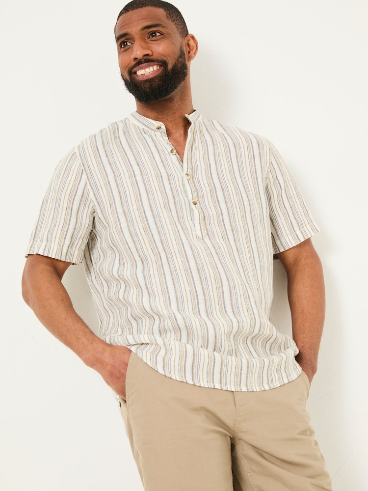 FatFace Natural Grandad Short Sleeve Linen Stripe Popover 100% Linen Shirt - Image 1 of 6