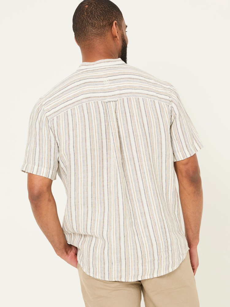 FatFace Natural Grandad Short Sleeve Linen Stripe Popover 100% Linen Shirt - Image 2 of 6