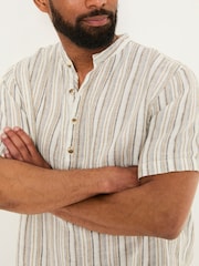FatFace Natural Grandad Short Sleeve Linen Stripe Popover 100% Linen Shirt - Image 3 of 6