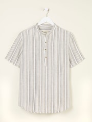 FatFace Natural Grandad Short Sleeve Linen Stripe Popover 100% Linen Shirt - Image 5 of 6