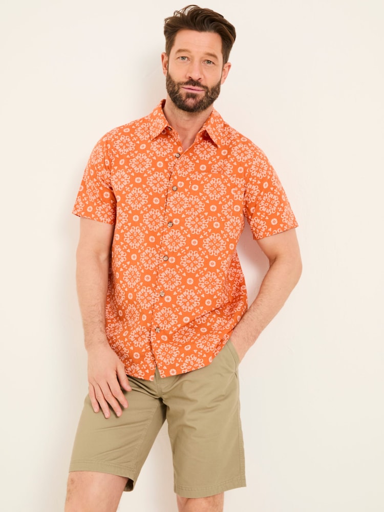 FatFace Orange Short Sleeve Tile Print 100% Cotton Shirt - Image 1 of 6