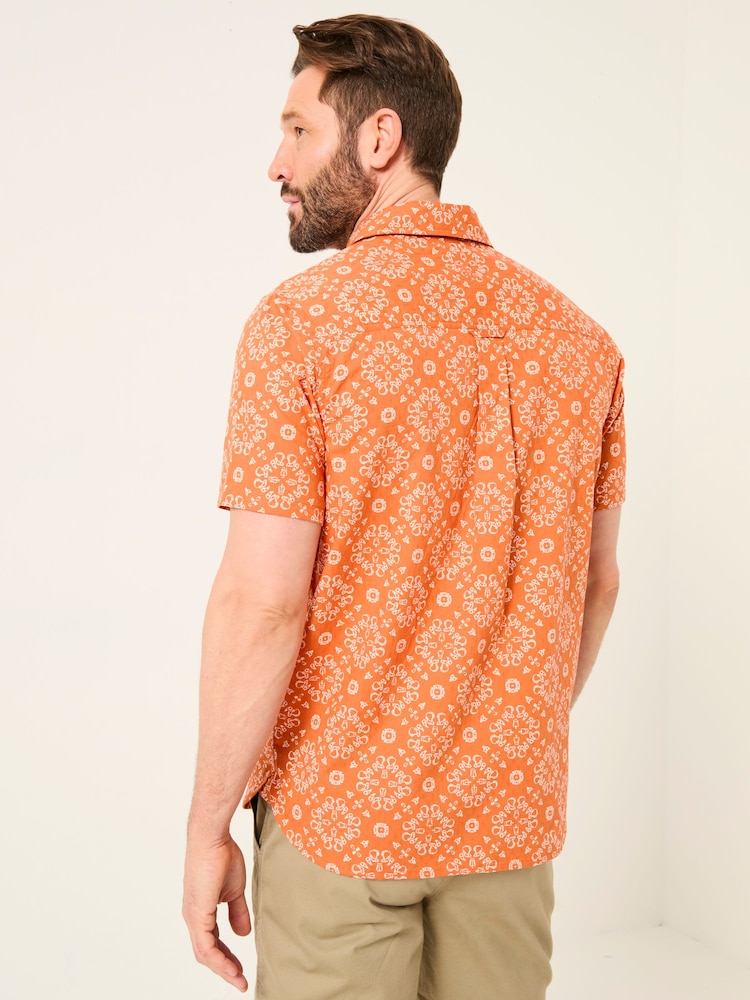 FatFace Orange Short Sleeve Tile Print 100% Cotton Shirt - Image 2 of 6