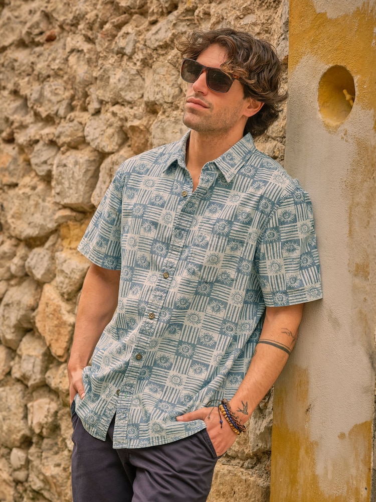 FatFace Blue Short Sleeve Sun Print 100% Cotton Shirt - Image 1 of 10
