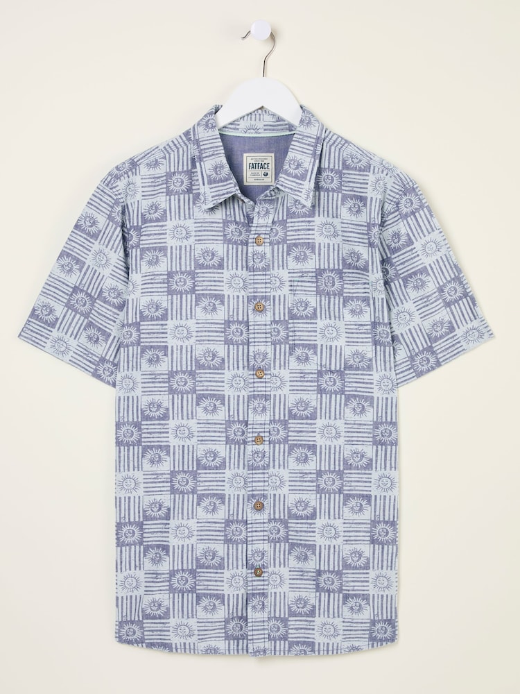FatFace Blue Short Sleeve Sun Print 100% Cotton Shirt - Image 9 of 10