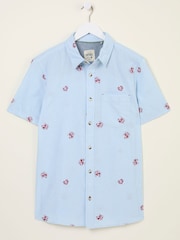 FatFace Blue Short Sleeve Crab and Lobster Embroidered Fine Stripe Shirt - Image 1 of 6