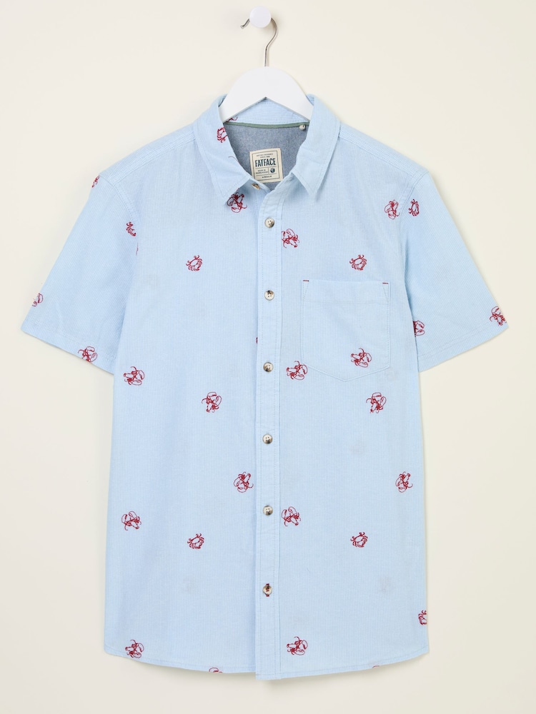 FatFace Blue Short Sleeve Crab and Lobster Embroidered Fine Stripe Shirt - Image 1 of 6