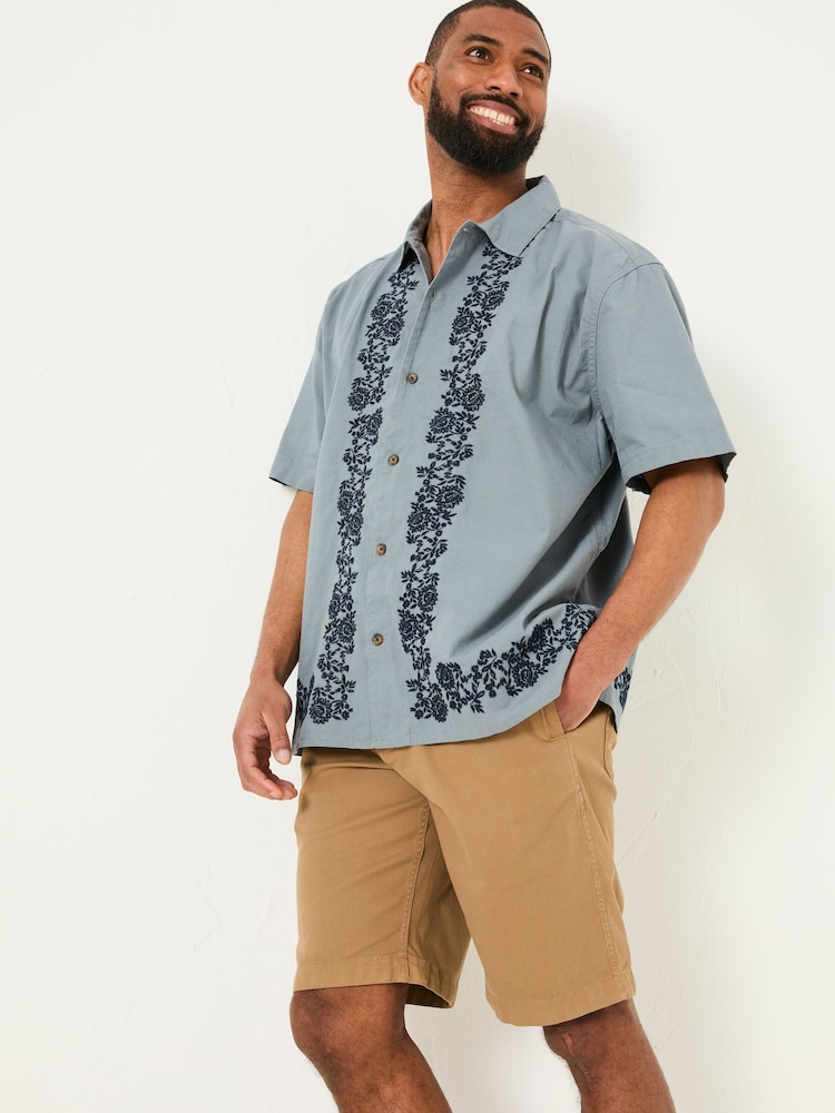 FatFace Blue Short Sleeve Embroidered Floral 100% Cotton Shirt - Image 1 of 6