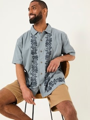 FatFace Blue Short Sleeve Embroidered Floral 100% Cotton Shirt - Image 3 of 6